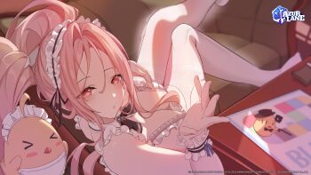 1girl absurdres alternate_costume azur_lane bare_shoulders blush breasts cleavage commentary_request copyright_logo copyright_name enmaided garter_straps highres lexington_(azur_lane) lexington_ii_(azur_lane) lexington_ii_(the_fluffiest_of_maids)_(azur_lane) logo long_hair looking_at_viewer maid maid_headdress manjuu_(azur_lane) official_alternate_costume parted_lips pink_eyes pink_hair ponytail solo thighhighs very_long_hair white_garter_straps white_thighhighs yuyiosang