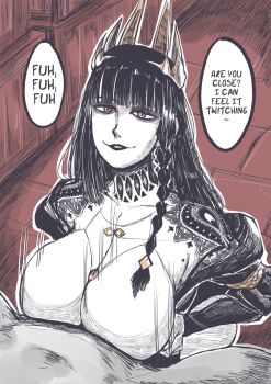 black_hair braid breasts cleavage_cutout clothing_cutout code_vein code_vein_ii crown english_text gekikara_(tomboy-sama) goth_fashion highres huge_breasts jadwiga_(code_vein) lace_trim laughing lipstick looking_at_another makeup paizuri pale_skin red_eyes side_braid smile smug