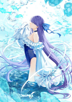 Rule 34 | 1girl, blue choker, blue eyes, blue one-piece swimsuit, choker, fate/grand order, fate (series), fish, frilled one-piece swimsuit, frills, highres, long hair, meltryllis, meltryllis (fate), meltryllis (swimsuit lancer) (fate), meltryllis (swimsuit lancer) (second ascension) (fate), one-piece swimsuit, profile, purple hair, sleeves past fingers, sleeves past wrists, swimsuit, tobi (pixiv41237754), very long hair, wading, water