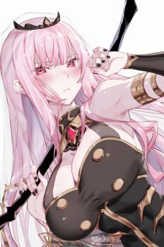 1girl absurdres armlet black_dress blunt_bangs bracer breasts cleavage_cutout closed_mouth clothing_cutout commentary dress english_commentary highres holding holding_weapon hololive hololive_english jewelry kamiya_maneki large_breasts long_hair looking_at_viewer mori_calliope mori_calliope_(1st_costume) pink_eyes pink_hair sidelocks simple_background sleeveless sleeveless_dress solo straight_hair tiara upper_body veil virtual_youtuber weapon white_background