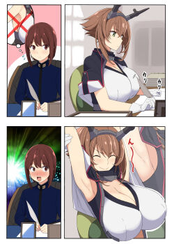 1boy 1girl admiral_(kancolle) armpit_peek armpits black_capelet black_jacket blue_jacket blush breasts brown_hair capelet capelet_lift chair cleavage closed_eyes collar comic desk gloves headgear highres huge_breasts indoors jacket kantai_collection kloah little_boy_admiral_(kancolle) long_sleeves looking_at_another metal_collar midriff military military_uniform mutsu_(kancolle) naval_uniform nose_blush open_mouth paperwork quill short_hair sidelocks sitting smile stretching thinking white_gloves