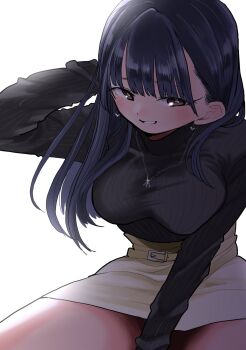 Rule 34 | 1girl, arm behind head, black hair, boku no kokoro no yabai yatsu, breasts, brown eyes, earrings, grin, highres, jewelry, large breasts, long hair, necklace, sakurai norio, skirt, smile, solo, tagme, thighs, turtleneck, yamada anna