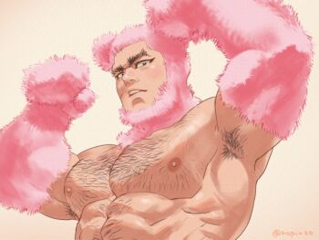 Rule 34 | 1boy, abs, animal ears, armpit hair, armpits, bara, bear boy, bear ears, beard, biceps, facial hair, from below, full beard, golden kamuy, hairy, kemonomimi mode, large pectorals, male focus, mature male, muscular, muscular male, navel hair, nipples, nopinzo, nude, open mouth, pectorals, pink fur, ribs, scar, scar on face, short hair, solo, tanigaki genjirou, thick beard, thick eyebrows, upper body