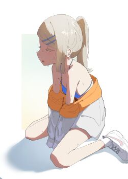 1girl absurdres alternate_costume alternate_hairstyle bare_legs bikini blonde_hair blue_bikini blush closed_eyes edwardlo311 gakuen_idolmaster grey_jacket hair_ornament hairclip hashtag-only_commentary high_ponytail highres hot idolmaster jacket long_hair long_sleeves nike_(company) open_mouth orange_jacket parallel_hairclips ponytail shade shinosawa_hiro shoes sitting sneakers socks solo sweat swimsuit two-sided_fabric two-sided_jacket wariza white_background white_shoes white_socks