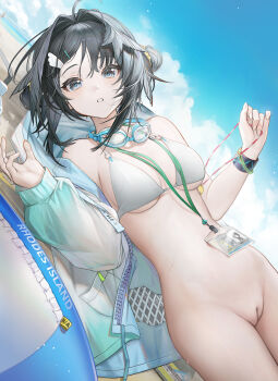2girls absurdres antenna_hair arknights bare_shoulders beach bikini bikini_top_only black_eyes black_hair blue_pupils blue_sky breasts cameo censored chinese_commentary cleft_of_venus cloud commentary_request day double_bun dutch_angle feather_hair frilled_bikini frills goggles goggles_around_neck gradient_clothes gradient_jacket hair_bun hair_intakes hair_ornament hand_up highres holding holding_jewelry holding_necklace id_card infection_monitor_(arknights) irvinetope jacket jewelry la_pluma_(arknights) la_pluma_(summer_flowers)_(arknights) lanyard large_variant_set light_particles long_hair long_sleeves looking_at_viewer lying medium_breasts mosaic_censoring multiple_girls navel necklace o-ring o-ring_bikini o-ring_top official_alternate_costume on_back on_ground open_clothes open_jacket outdoors parted_lips pussy sidelocks sky solo_focus stomach sunlight sussurro_(arknights) sussurro_(summer_flower)_(arknights) swim_ring swimsuit thighs underboob unzipped variant_set white_bikini windbreaker