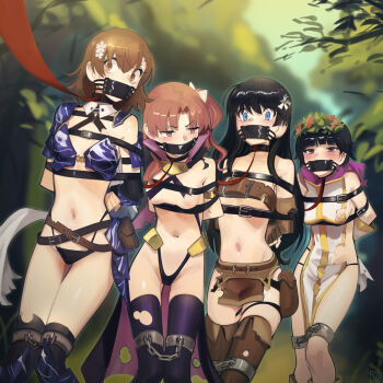 4girls absurdres alternate_costume arms_behind_back artist_name bdsm belt belt_bra black_boots black_hair blue_eyes blurry blurry_background blush bondage boots borrowed_design bound bound_together bow breasts brown_belt brown_boots brown_eyes brown_hair cad_(caddo) coffle collar commentary commission defeat english_commentary flower gagged hair_bow hair_flower hair_ornament hairpin harem head_wreath highres leash linked_collar long_hair misaka_mikoto multiple_girls navel nipples outdoors pelvic_curtain restrained saten_ruiko second-party_source shirai_kuroko short_hair side_ponytail slave small_breasts thigh_boots toaru_kagaku_no_railgun toaru_majutsu_no_index torn_clothes uiharu_kazari white_bow wide-eyed