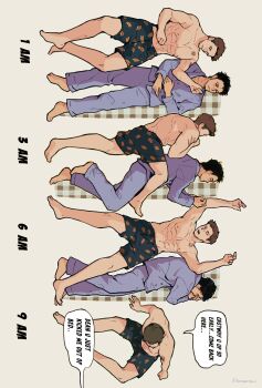 Rule 34 | 2boys, arms up, beard stubble, black hair, blonde hair, boxers, castiel, chest tattoo, closed eyes, couple, dean winchester, english text, facial hair, from above, full body, highres, li bucket, male focus, male underwear, mature male, multiple boys, multiple views, pajamas, progression, purple pajamas, scar, scar on shoulder, short hair, sideways, simple background, sleeping, speech bubble, stubble, supernatural (tv series), tattoo, timestamp, toned, toned male, topless male, underwear, yaoi