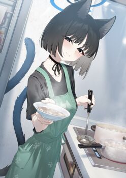 1girl :d absurdres alternate_costume animal_ear_fluff animal_ears apron black_choker black_eyes black_ribbon black_shirt blue_archive blue_halo blunt_ends blush bob_cut bright_pupils cat_ears cat_girl cat_tail choker commentary_request cooking cowboy_shot cup dual_wielding dutch_angle green_apron grin hair_between_eyes halo happy highres holding holding_cup holding_ladle incoming_food indoors kikyou_(blue_archive) kitchen ladle looking_at_viewer multiple_tails neck_ribbon open_mouth paw_print pizza_(pizzania_company) pov print_apron ribbon shirt short_hair short_sleeves smile solo steam straight_hair tail tail_raised two_tails white_pupils
