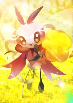 black_eyes blurry blurry_background commentary_request flower full_body gen_7_pokemon highres holding holding_flower nintendo no_humans omega_takai open_mouth pokemon pokemon_(creature) ribombee solo square_pupils yellow_flower