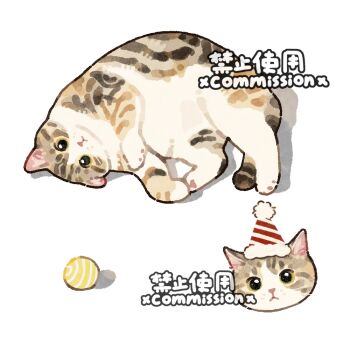 Rule 34 | ball, cat, circle, commission, full body, hat, looking at viewer, lying, mihuashi commission, multiple views, original, pom pom hat ornament, santa hat, square, white background, xiao bo kuai kuai