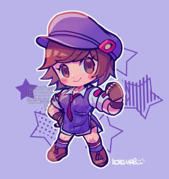 Rule 34 | 1girl, blue hat, blush stickers, brown eyes, brown hair, chibi, chibi only, closed mouth, collared shirt, commentary, fingerless gloves, full body, gloves, hat, highres, kazama asuka, kotomaru (kotokoto kottan), looking at viewer, shirt, short hair, signature, simple background, smile, solo, symbol-only commentary, tekken, white shirt