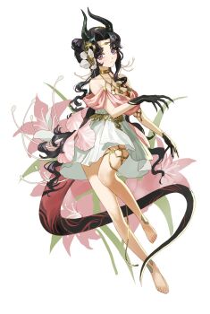 1girl anjo_nala anklet bakgae barefoot black_gloves black_hair black_tail demon_girl demon_horns dress flower full_body gloves gold_choker hair_flower hair_ornament highres horns jewelry knee_up lizard_tail long_hair looking_at_viewer official_alternate_costume pink_flower purple_eyes reverse:1999 short_dress sleeveless sleeveless_dress smile solo tail very_long_hair wavy_hair white_background white_dress white_flower