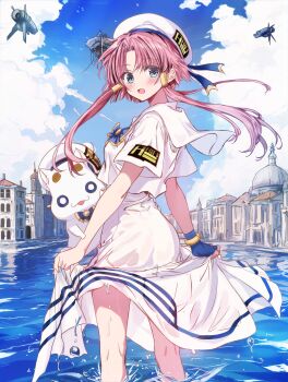 1girl :d aria_(manga) aria_company_uniform aria_pokoteng ass blue_bow blue_bowtie blue_eyes blue_gloves blue_ribbon blue_sky bow bowtie bracelet breasts cat cloud cloudy_sky cutlass_(classic_chocolate) day dress eyelashes feet_out_of_frame fingerless_gloves floating_island from_behind gloves gold_trim hair_tubes hat hat_ribbon highres jewelry kneepits looking_at_viewer looking_back mizunashi_akari open_mouth outdoors parted_bangs pink_hair ribbon sailor_collar short_hair_with_long_locks short_sleeves skirt_hold sky small_breasts smile spacecraft venice wading water wet wet_clothes white_cat white_dress white_hat