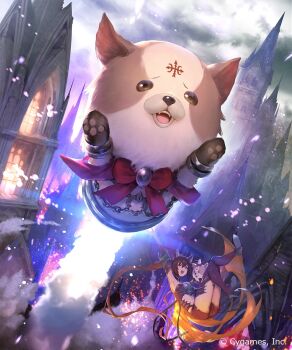 1girl 2others aiming aiming_at_viewer animal_ears animal_hands arm_up boots bow bowtie burning burning_building cerberus_(shingeki_no_bahamut) choker clothing_cutout cloud cloudy_sky coco_(cygames) commentary_request company_name day dog_ears dog_girl fire floating gloves hand_puppet high_heel_boots high_heels highres long_hair looking_at_viewer mimi_(cygames) multiple_others nanbo_ataru_(attall) navel navel_cutout object_focus official_art open_mouth outdoors puppet red_boots red_bow red_eyes red_hair shadowverse sky smile smoke solo_focus spiked_choker spikes teeth thigh_boots twintails upper_teeth_only very_long_hair