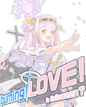 Rule 34 | 1girl, :d, absurdres, alternate costume, alternate hairstyle, black skirt, blue archive, blunt bangs, burning love (phrase), commentary, cosplay, detached sleeves, english commentary, english text, falling petals, hair bun, halo, highres, kantai collection, kongou (kancolle), kongou (kancolle) (cosplay), long hair, looking at viewer, mika (blue archive), miniskirt, nontraditional miko, open mouth, petals, pink hair, pink halo, pleated skirt, ribbon-trimmed sleeves, ribbon trim, rigging, sam szero, sidelocks, simple background, single side bun, skirt, smile, solo, touyama nao, voice actor connection, white background, wide sleeves, yellow eyes