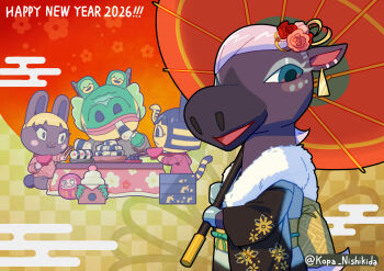 1boy 2girls 3girls 4girls ^_^ animal_crossing animal_ears ankha_(animal_crossing) artist_name back_bow black_kimono blonde_hair blue_eyes blue_hair blunt_bangs blunt_ends bob_cut bonbon_(animal_crossing) bow bowl cat_girl checkered_background chinese_zodiac chopsticks closed_eyes closed_mouth commentary_request dango deer_girl drago_(animal_crossing) earrings eating egasumi eyelashes eyeshadow floral_print flower food fruit fur-trimmed_kimono fur_trim furry furry_female furry_male green_eyes hair_flower hair_ornament haori happy_new_year highres holding holding_bowl holding_chopsticks holding_food holding_umbrella japanese_clothes jewelry kagami_mochi kimono kopa_nishikida kotatsu long_sleeves makeup mandarin_orange mask mochi mochi_trail multicolored_hair multiple_boys multiple_girls new_year nintendo obi oil-paper_umbrella open_mouth pink_flower pink_hair pink_kimono pink_shirt pink_sweater print_kimono purple_fur rabbit_girl red_flower red_umbrella reneigh_(animal_crossing) robe sash shirt short_hair sitting smile sweater table tail tiger_ears tiger_girl tongue twitter_username umbrella wagashi wide_sleeves year_of_the_ox year_of_the_rabbit year_of_the_tiger yellow_sash