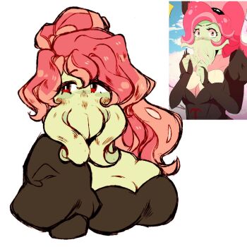 Rule 34 | 1girl, black dress, breasts, cthulhu mythos, derivative work, dress, highres, large breasts, ln'eta, long hair, looking at viewer, looking to the side, pink eyes, ponytail, screenshot redraw, sucker for love, tentacle mouth, unusual-economist-93