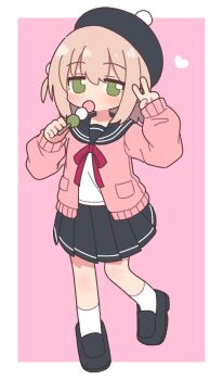 1boy beret black_hat black_sailor_collar black_shoes black_skirt blush border brown_hair cardigan commentary crossdressing crossdressing_(mtf) dango food full_body green_eyes hat heart highres holding holding_food holding_skewer long_sleeves looking_at_viewer medium_hair miniskirt naga_u neck_ribbon one_side_up open_cardigan open_clothes original outside_border pink_background pink_cardigan pleated_skirt pom_pom_hat_ornament purple_ribbon ribbon sailor_collar sanshoku_dango school_uniform serafuku shirt shoes simple_background skewer skirt sleeves_past_wrists socks solo standing suama-kun_(naga_u) trap v wagashi white_border white_shirt white_socks