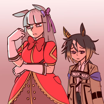 Rule 34 | 2girls, absurdres, ahoge, animal ears, averting eyes, black hair, coat, collared shirt, commentary, dress, ear covers, ears down, english commentary, gloves, goggles, goggles around neck, hair between eyes, highres, horse ears, horse girl, long hair, long sleeves, looking at hand, multicolored hair, multiple girls, pink ribbon, point flag (racehorse), ponytail, puffy short sleeves, puffy sleeves, purple eyes, red dress, red ribbon, ribbon, sad, shirt, short sleeves, smile, starlinkman, stay gold (umamusume), streaked hair, umamusume, white gloves, white hair, yellow coat