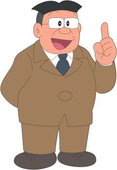 1boy black_hair doraemon full_body glasses long_sleeves male_focus necktie official_art open_mouth pants sensei_(doraemon) shirt shoes simple_background solo standing white_shirt