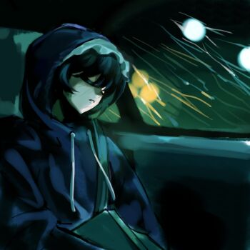 1other androgynous black_hair black_hat book car_interior chair chinese_commentary closed_eyes commentary commentary_request english_commentary frilled_headwear hair_between_eyes hat highres holding holding_book hood hood_up hoodie indoors len&#039;en long_hair long_sleeves mixed-language_commentary night on_chair other_focus parted_lips puffy_long_sleeves puffy_sleeves purple_hoodie rain seatbelt shitodo_kuroji short_hair sitting sleeping solo upper_body yancao_(pixiv_103434280)