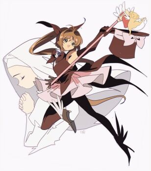 2girls ankle_wings antenna_hair black_bow black_bowtie black_gloves black_hat black_shirt boots bow bowtie brown_hair cardcaptor_sakura closed_eyes closed_mouth coattails commentary cosplay daidouji_tomoyo dress edoya_inuhachi elbow_gloves from_hat_trick full_body fuuin_no_tsue gloves green_eyes guimpe hair_bow hair_intakes happy hat hat_bow high_heel_boots high_heels high_ponytail holding holding_unworn_clothes holding_unworn_hat holding_wand interlocked_fingers jumping kaitou_saint_tail kero_(cardcaptor_sakura) kinomoto_sakura long_hair long_sleeves looking_at_another magic_trick magical_girl mimori_seira mimori_seira_(cosplay) multiple_girls nun open_mouth own_hands_clasped own_hands_together pink_skirt pleated_skirt ponytail praying saint_tail saint_tail_(cosplay) shirt signature simple_background skirt sleeveless sleeveless_shirt smile top_hat traditional_nun unworn_hat unworn_headwear upper_body veil wand white_background white_dress white_veil white_wings wimple wings
