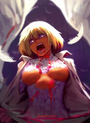 Rule 34 | 1girl, artist name, blonde hair, blood, blood on body, blood on chest, breasts, dungeon meshi, falin touden, falin touden (chimera), feathered wings, feathers, glowing, glowing eyes, hair between eyes, highres, looking at viewer, medium breasts, monster girl, monsterification, navel, open mouth, shibbunny, shirt, short hair, slit throat, solo, tearing clothes, torn clothes, upper body, white feathers, white shirt, wings, yellow eyes