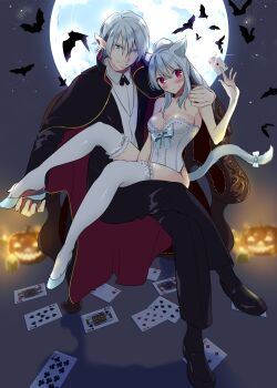 Rule 34 | 6 (roku), animal ears, bat (animal), blue eyes, blue hair, bow, breasts, card, cleavage, fang, highres, jack-o'-lantern, moon, playing card, pumpkin, tail, thighhighs