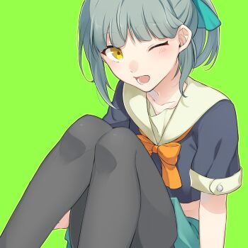 1girl black_pantyhose blush bow commentary crop_top dated_commentary green_background green_skirt grey_hair hair_ribbon kan'yu_(citron_82) kantai_collection looking_at_viewer one_eye_closed open_mouth orange_bow pantyhose ribbon sailor_collar short_sleeves simple_background sitting skirt solo yellow_eyes yuubari_(kancolle)