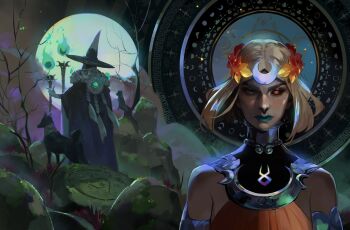 Rule 34 | 2girls, black sclera, blonde hair, cloak, colored sclera, commentary, dog, english commentary, full moon, gale (hades), green eyes, green lips, hades (series), hades 2, hecate (hades), hecuba (hades), heterochromia, highres, jen zee, laurel crown, looking at viewer, melinoe (hades), moon, moss, multiple girls, official art, promotional art, red eyes, rock, short hair, standing, torch, tree, upper body, weasel