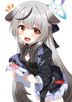 1girl :d absurdres animal_ear_fluff animal_ears black_dress black_hair black_jacket blue_archive blue_halo blush breasts brown_eyes china_dress chinese_clothes clothing_cutout commentary cowboy_shot diamond_cutout dress fingernails grey_hair halo hands_up happy highres holding holding_paper jacket kokona_(blue_archive) long_hair long_sleeves looking_at_viewer multicolored_hair nanoty notice_lines open_clothes open_jacket open_mouth paper sidelocks simple_background small_breasts smile solo streaked_hair striped_clothes striped_dress striped_jacket test_score tiger_ears tiger_girl vertical-striped_clothes vertical-striped_dress vertical-striped_jacket very_long_hair white_background