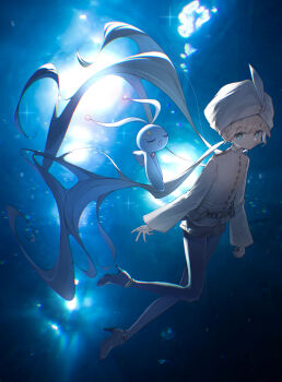 Rule 34 | 1boy, air bubble, blue eyes, bubble, captain nemo (fate), commentary request, crossover, fate/grand order, fate (series), gen 4 pokemon, gradient hair, hat, hat feather, high heels, highres, holding, holding poke ball, legendary pokemon, long hair, male focus, manaphy, multicolored hair, mythical pokemon, nemo (fate), nintendo, open mouth, pantyhose, poke ball, pokemon, pokemon (creature), shirt, su dong huo ji, trap, turban, twintails, underwater, white hat, white shirt