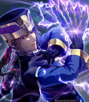 azuma_haruka black_gloves blue_robe brown_eyes brown_hair capelet chinese_clothes gloves hat highres knife looking_at_viewer male_focus ponytail purple_lightning robe shin_sangoku_musou shin_sangoku_musou_8 tagme throwing_knife weapon xun_yu_(shin_sangoku_musou)