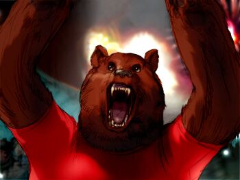 Rule 34 | \o/, animal, animal focus, arms up, bear, close-up, crowd, fangs, fireworks, game cg, kawano takuji, kuma (tekken), official art, open mouth, outstretched arms, people, red shirt, sharp teeth, shirt, stadium, t-shirt, teeth, tekken, tekken 4