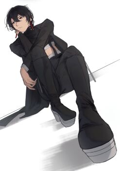 1girl :/ black_boots black_coat black_eyes black_hair black_pants black_sleeves boots bored buttons closed_mouth clothing_cutout coat collared_coat commentary dutch_angle dvendvendven earrings english_commentary facing_viewer hair_between_eyes head_on_hand head_rest highres jewelry kagari_hiyuki kagurabachi knee_boots knees_up long_sleeves looking_to_the_side midriff pants ribbon_earrings short_hair sitting solo stomach_cutout wariza