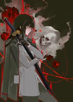 1girl absurdres black_background black_gloves black_hair black_jacket breasts closed_mouth collared_shirt from_side g7cdpdto2i6hot6 gloves highres holding holding_sheath holding_sword holding_weapon hood hood_up hooded_coat hugging_object jacket jacket_on_shoulders katana lcb_uniform_(project_moon) limbus_company long_hair long_sleeves project_moon red_eyes ryoshu_(project_moon) sheath sheathed shirt single_glove skeleton small_breasts solo string sword weapon white_shirt