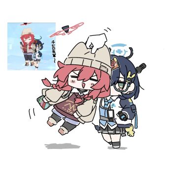 Rule 34 | 2girls, :d, = =, beanie, black pantyhose, black skirt, blue archive, blue cardigan, blue hair, blue halo, blue jacket, blue necktie, braid, brown hat, brown jacket, brown shoes, brown sweater, cardigan, cellphone, chibi, chibi only, chihiro (blue archive), game screenshot inset, glasses, green-framed eyewear, green eyes, hair ornament, halo, hat, highres, holding, holding phone, jacket, long hair, maki (blue archive), maki (camp) (blue archive), medium hair, miniskirt, multicolored jacket, multiple girls, necktie, open clothes, open jacket, open mouth, pantyhose, phone, pleated skirt, pusen (puuu sen555), rabbit hair ornament, red hair, red halo, reference inset, screenshot inset, semi-rimless eyewear, shoes, simple background, skirt, smartphone, smile, sweater, translation request, twin braids, two-tone jacket, under-rim eyewear, v-shaped eyebrows, white background, white jacket