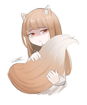 1girl absurdres animal_ear_fluff animal_ears blunt_bangs brown_hair closed_mouth commentary cropped_torso frown furrowed_brow highres holding_own_tail holo long_hair long_sleeves looking_at_viewer penguin_sensei_(artist) red_eyes shaded_face signature simple_background solo spice_and_wolf straight_hair tail tail_raised upper_body white_background wolf_ears wolf_girl wolf_tail