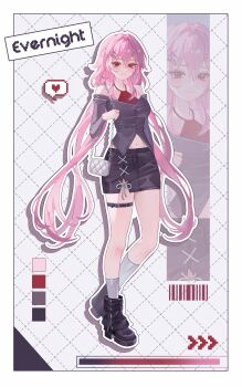 1girl absurdres alternate_costume bag belt black_boots boots breasts casual character_name commentary criss-cross_strings evernight_(honkai:_star_rail) full_body hair_between_eyes hair_ornament hairclip highres honkai:_star_rail honkai_(series) long_hair looking_at_viewer march_7th_(honkai:_star_rail) medium_breasts navel off_shoulder pink_hair red_eyes shoes skirt socks solo standing symbol-only_commentary thigh_belt thigh_strap thighs very_long_hair white_socks zante_(0xx0xzt)