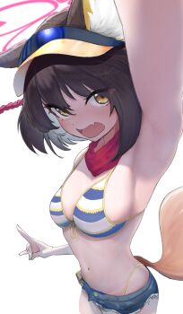 Rule 34 | 1girl, absurdres, animal ear fluff, animal ears, arm up, armpits, bikini, blue archive, blush, breasts, brown hair, commentary, cowboy shot, cutoffs, denim, denim shorts, eyes visible through hair, eyeshadow, fang, foreshortening, fox ears, fox girl, fox shadow puppet, fox tail, front-tie bikini top, front-tie top, hair between eyes, halo, highleg, highleg bikini, highres, incoming headpat, izuna (blue archive), izuna (swimsuit) (blue archive), looking at viewer, makeup, medium breasts, medium hair, migeru690, navel, official alternate costume, pink halo, pov, red eyeshadow, red scarf, scarf, short shorts, shorts, simple background, skin fang, solo, stomach, striped bikini, striped clothes, swimsuit, tail, visor cap, white background, yellow eyes