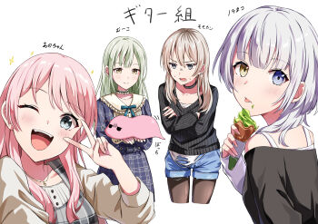 Rule 34 | 4girls, absurdres, animal ears, bang dream!, bang dream! it's mygo!!!!!, black choker, black hair, black pantyhose, black shirt, blue dress, blue eyes, blue shirt, blush, bocchi the rock!, chihaya anon, choker, commentary request, crossover, dress, food, food on face, frilled choker, frills, girls band cry, gotoh hitori, gotoh hitori (tsuchinoko), green hair, grey eyes, grey hair, heterochromia, highres, instrument connection, jewelry, kaname raana, kawaragi momoka, kikugawa roku, long hair, lower teeth only, matcha (food), medium hair, multicolored hair, multiple crossover, multiple girls, necklace, one eye closed, open mouth, pantyhose, partially translated, pink hair, plaid clothes, plaid dress, roots (hair), selfie, shirt, simple background, sparkle, sweatdrop, teeth, tongue, tongue out, translation request, v, v over eye, wakaba mutsumi, white background, white hair, white shirt, yellow eyes