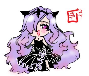 Rule 34 | 1girl, alternate costume, blush, breasts, camilla (fire emblem), chibi, cleavage, dress, fire emblem, fire emblem fates, hair over one eye, long hair, looking at viewer, nintendo, one eye covered, purple eyes, purple hair, simple background, snazzypumpkin, solo, tiara, wavy hair
