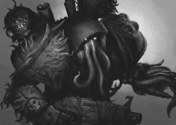 1other adeptus_astartes armor bolter chaos_(warhammer) chaos_space_marine demon greyscale highres looking_at_viewer monochrome monster monster_focus nikita_kapitunov power_armor solo tentacles warhammer_40k weapon