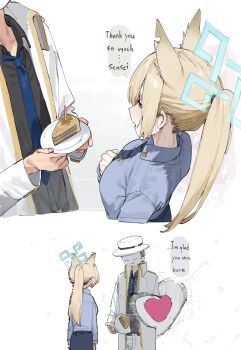 Rule 34 | 1boy, 1girl, absurdres, animal ears, birthday cake, black shirt, blue archive, blue eyes, blue halo, blue necktie, blue shirt, blue skirt, breasts, cake, coat, dog ears, doodle sensei (blue archive), english text, extra ears, food, halo, heart-shaped hole, highres, hole on body, kanna (blue archive), large breasts, long hair, lonklink, necktie, notched ear, ponytail, rectangular halo, sensei (blue archive), shirt, skirt, white coat