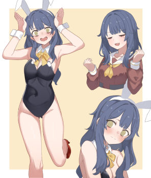 1girl 3: :d @_@ anyoji_hime's_fellow_toon_paint_fan arrow_(symbol) bags_under_eyes black_leotard blue_hair blush border bow bowtie breasts brown_dress cleavage clenched_hands closed_mouth commentary covered_navel detached_collar dress embarrassed frown hasu_no_sora_school_uniform highres leotard link!_like!_love_live! long_hair long_sidelocks long_sleeves love_live! low-tied_long_hair medium_breasts multiple_views neckerchief open_mouth outside_border playboy_bunny rabbit_pose sailor_collar sailor_dress school_uniform sequential sidelocks simple_background smile soyo1558686 strapless strapless_leotard textless_version white_border white_sailor_collar white_wrist_cuffs winter_uniform wrist_cuffs yellow_background yellow_bow yellow_bowtie yellow_eyes yellow_neckerchief