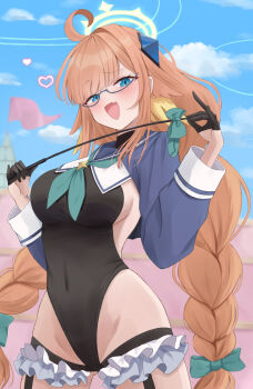 1girl :d a_ekoa ahoge aqua_neckerchief backboob black_gloves black_leotard blue_archive blue_eyes blue_sky blunt_bangs blush bow braid breasts commentary covered_navel cowboy_shot day fang feather_hair frilled_thigh_strap furrowed_brow glasses gloves green_bow groin hair_bow hair_intakes half_gloves halo hands_up heart highleg highleg_leotard highres large_breasts leotard long_hair long_sleeves low_twintails neckerchief official_alternate_costume official_alternate_hairstyle open_mouth orange_hair outdoors semi-rimless_eyewear shimiko_(blue_archive) shimiko_(magical)_(blue_archive) shrug_(clothing) sidelocks skin_fang sky smile solo thigh_strap tsurime twin_braids twintails very_long_hair yellow_halo