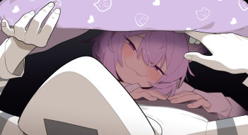 1girl 1other :3 absurdres bed_sheet blush cat_girl cocomayo29_(tomato) colored_skin commentary_request fang half-closed_eyes highres hololive korean_commentary long_sleeves nekomata_okayu onigirya_(nekomata_okayu) pajamas pink_pajamas purple_eyes purple_hair scene_reference under_covers virtual_youtuber white_skin