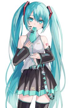 1girl aqua_belt aqua_eyes aqua_hair aqua_nails aqua_necktie aqua_trim bare_shoulders belt black_boots black_skirt black_sleeves boots collared_shirt commentary detached_sleeves double-parted_bangs eyes_visible_through_hair fingernails grey_shirt hair_between_eyes hair_ornament hatsune_miku head_tilt headset highres long_hair loose_belt midriff_peek miniskirt mouth_hold nail_polish necktie necktie_in_mouth number_tattoo ozblpnt pleated_skirt shirt shoulder_tattoo skirt sleeveless sleeveless_shirt solo straight-on tattoo thigh_boots thighhighs tie_clip twintails very_long_hair vocaloid white_background zettai_ryouiki