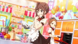 Rule 34 | 22/7, 22/7 ongaku no jikan, 2girls, :3, :q, apron, bow, bowl, bowtie, brown eyes, brown hair, brown scrunchie, chocolate, chocolate on hand, cooking, flour, food, food on hand, fruit, game cg, hair bow, hair ornament, hair ribbon, hair scrunchie, high ponytail, high side ponytail, highres, holding, holding bowl, holding spatula, holding tray, indoors, kitchen, kono miyako, lens flare, long hair, multiple girls, non-web source, official art, oven, red bow, red bowtie, ribbon, scrunchie, short sleeves, sparkle, spatula, toda jun, tongue, tongue out, tray, white apron