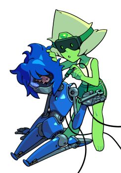 2girls alien blonde_hair blue_hair blue_skin colored_skin crop_top discount-supervillain fish forehead_jewel full_body gem green_skin highres humanoid_robot lapis_lazuli_(steven_universe) mechanic mechanization multiple_girls peridot_(steven_universe) robot robot_girl short_hair shorts steven_universe